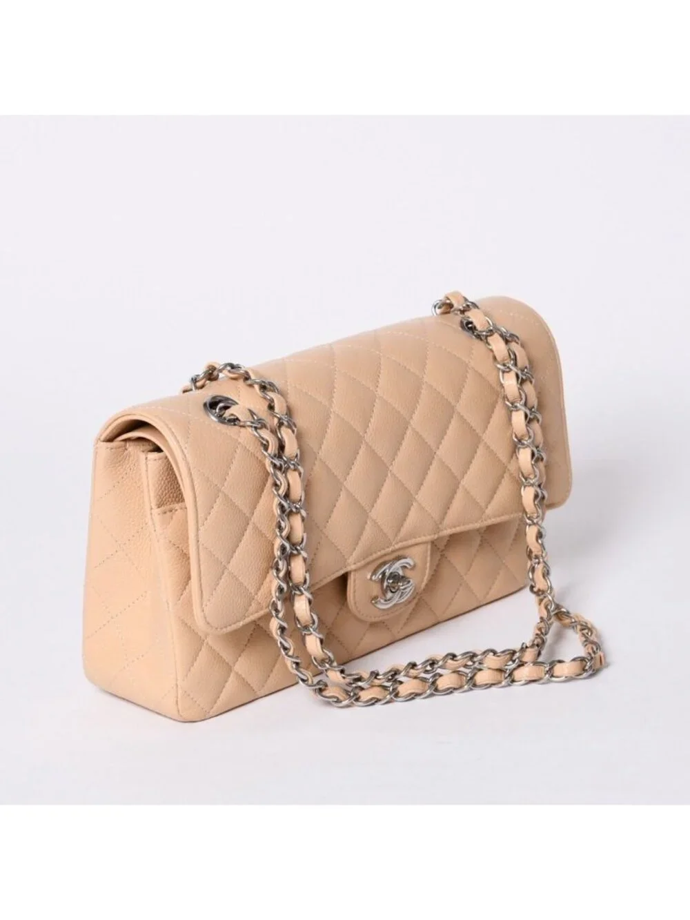 Chanel Quilted 25 Double Flap Chain Shoulder Bag Caviar Leather Beige Gold